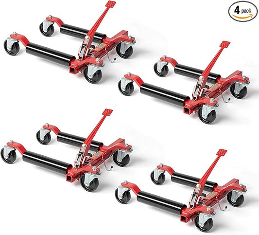 TUFFIOM Car Wheel Dolly Jack Set of 4, Mechanical 6000-lbs Car Skates, 12'' Wheel Vehicle Positioning Jack, Heavy Duty Rollers with Ratcheting Foot Pedal for Tire Auto Repair Moving, Red