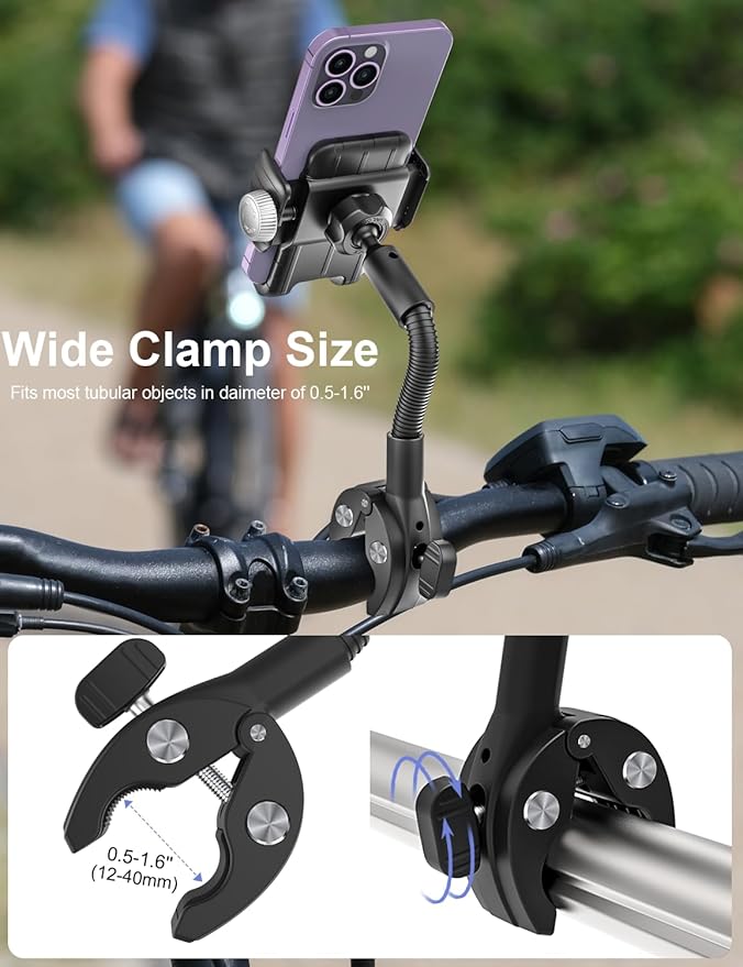 woleyi Gooseneck Phone Holder for Bike - Motorcycle Phone Mount, 360° Rotatable Adjustable Cell Phone Handlebar Clamp, Scooter Phone Clip, for iPhone Air 17 Pro Max 16 1514 13, S25, 4.7-7" Smartphones