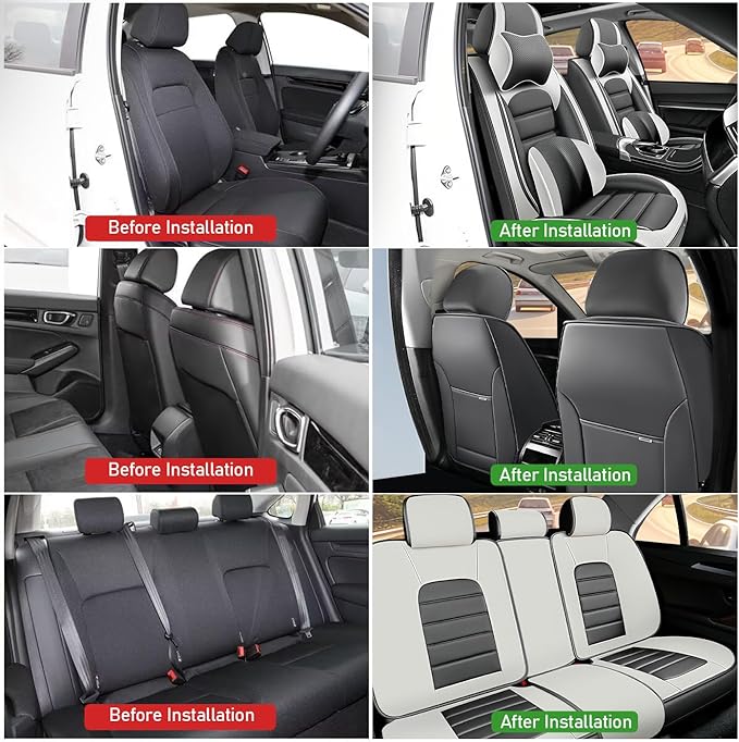 Car Seat Covers Fit for Toyota Highlander 2000-2025 | 7 Seat Car Seat Cover | No-Slip Waterproof Breathable Faux Leather Automotive Seat Covers Auto Interior Covers White Gray,Full Set with Pillow