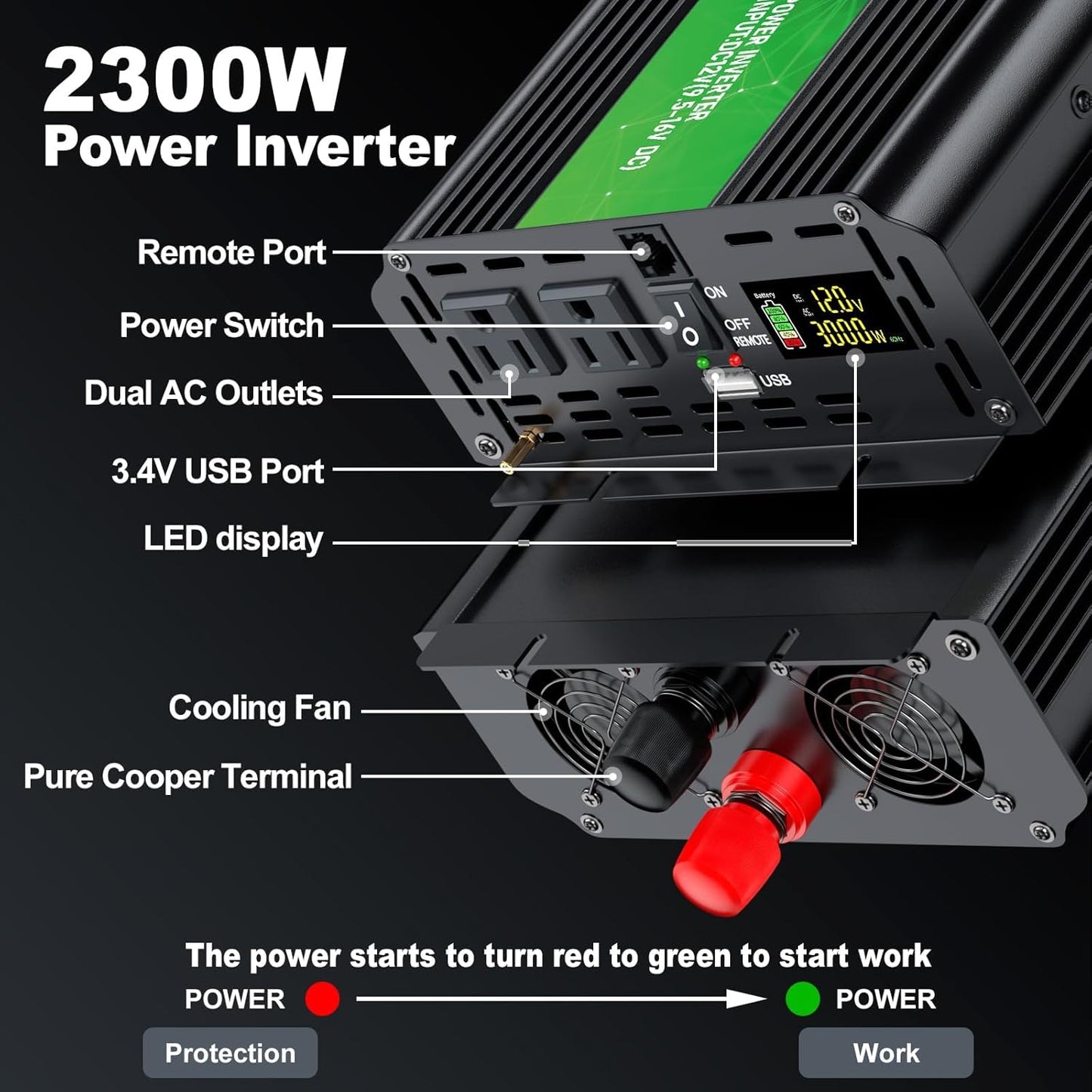 2300W Power Inverter,Peak Power 4600W 12V DC to AC 110V120V,Remote Control with 2AC Outlets and 2.4USB Port,LED Display for Power Converter,Outdoor Activities,Emergency,Vehicles Truck RV Solar System