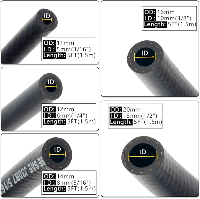 Fuel Line Hose Kit 5FT 5PCS With 25Pcs Clamps, 3/8" 5/16" 1/4" 1/2" 3/16" ID High Performance 300PSI, Push Lock Reinforced Rubber NBR Automotive Fuel Line For Small Engines