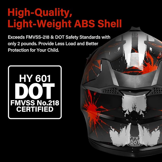 XFMT DOT Youth Kids Dirt Bike Helmet Full Face Motocross Helmets for Off-Road ATV Street Bike Four Wheeler Motorcycle with Goggles & Gloves, Black Red Firework Large
