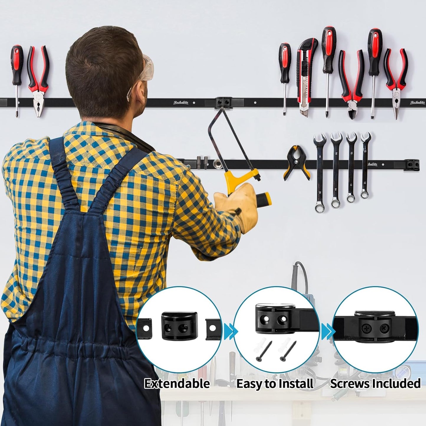 6 Pieces 12" Magnetic Tool Holder Strip, Black Magnet Bar, Metal Tool Organizer Rack for Garage Organization, Easy To Install in Workshop, Mounting Screws Included