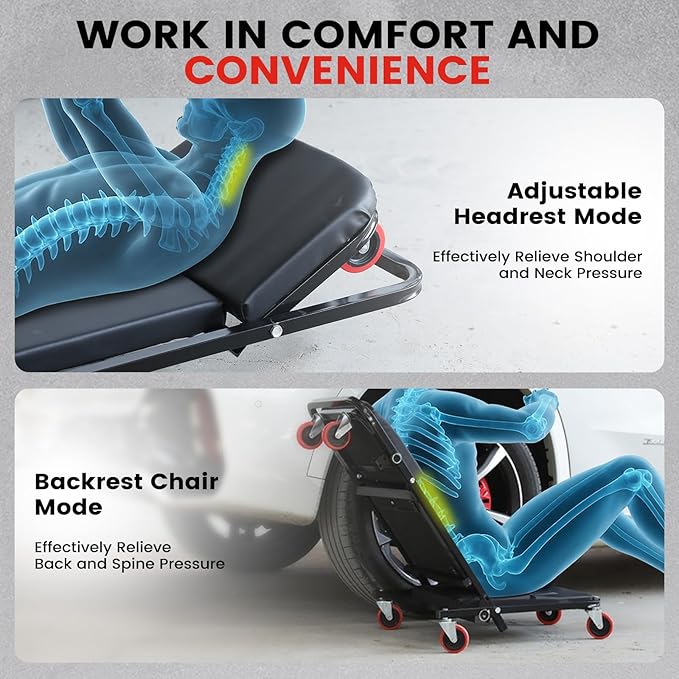 Creeper, 40 Inches 4 in 1 Z Creeper Seat 2025 Upgraded 450 lbs Capacity Garage Chair Adjustable Rolling Folding Car Creeper with 6 pcs 3" Wheels,Lay Down or Sit for Garage, Shop, Auto Repair