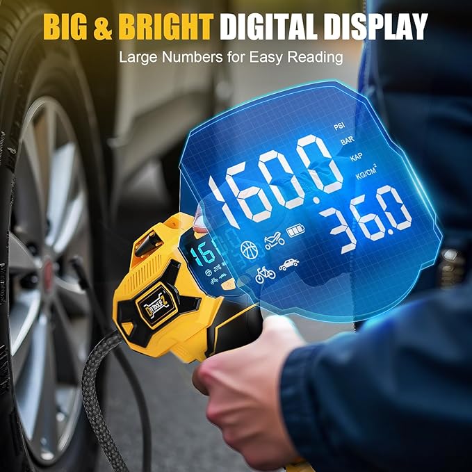 160PSI Cordless Tire Inflator Compatiblew with Dewalt 20V Battery, Portable Air Compressor for Auto, Motorcycles, Bikes, Car Air Pump with Auto Shut-Off, LCD Display, LED Light, 4 Nozzles
