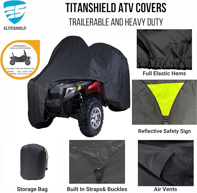 EliteShield Trailerable ATV Cover, Heavy Duty Waterproof Quad 4 Wheeler All Terrain Vehicles Cover for Polaris Kawasaki Yamaha Suzuki Arctic Cat Can-Am, Expandable Cover Fits 83" to 103" L