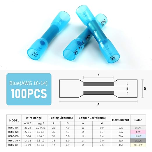 Heat Shrink Butt Connectors, 200Pcs 16-14 AWG Blue Insulated Waterproof Electrical Wire Connectors Automotive Marine Grade Wire Crimp Terminals Butt Splices, Ideal for Boat, Truck, Stereo