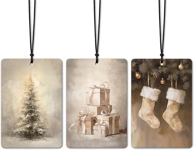 Christmas Car Air Freshener 3Pcs, Vintage Winter Xmas Tree Gift Box Stocking Santa Hanging Air Freshener for Cars Closet Drawer Books, Christmas Car Accessories for Women Men