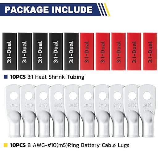 haisstronica 10pcs 8 AWG - #10 Tinned Copper Battery Lugs, Heavy Duty Copper Wire Lugs with 10pcs 3:1 Adhesive Heat Shrink Tubing, 8 Gauge Wire Lugs, Tinned Copper Battery Cable Ends