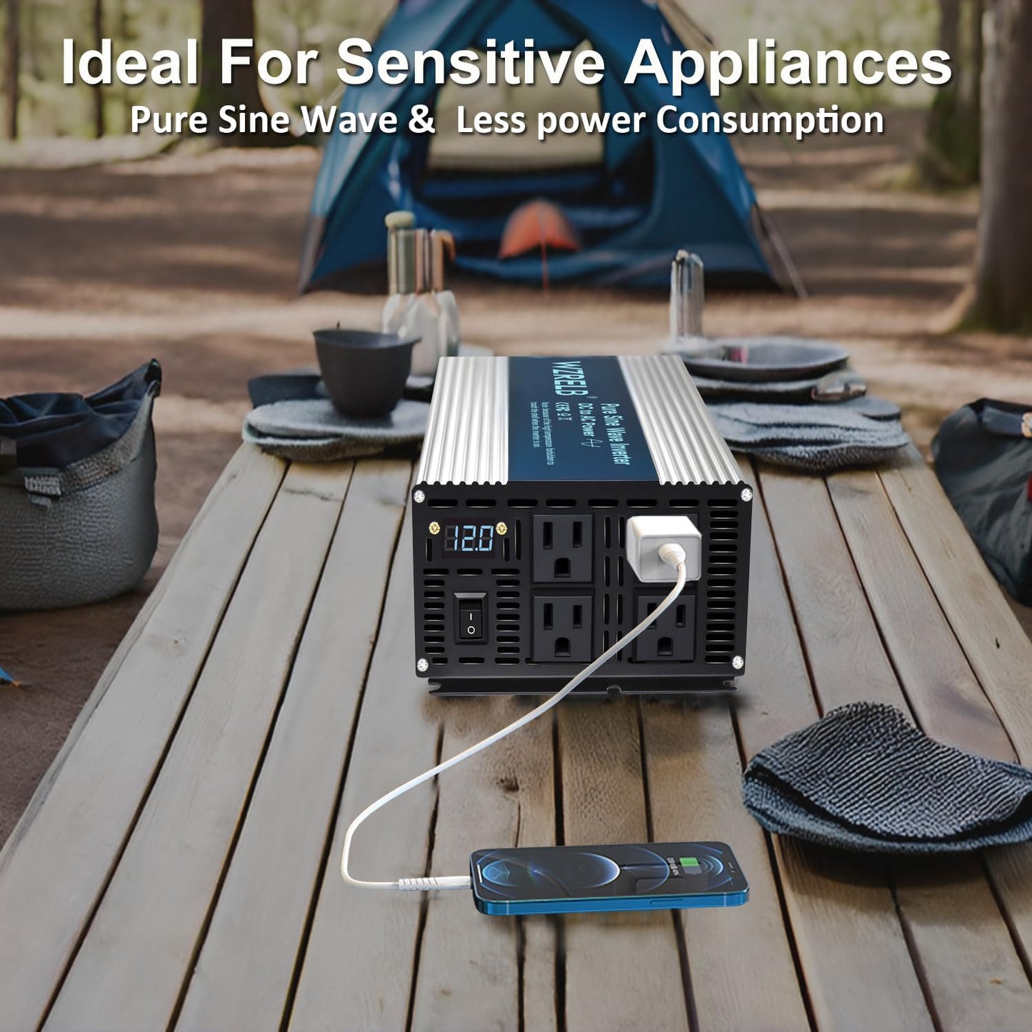 WZRELB 2000W Pure Sine Wave Inverter 12V DC to 110V 120V AC, Car Power Inverter with 4 AC Outlets, LED Display,Off-Grid Portable Power Converter for Home, RV, Truck, Camping