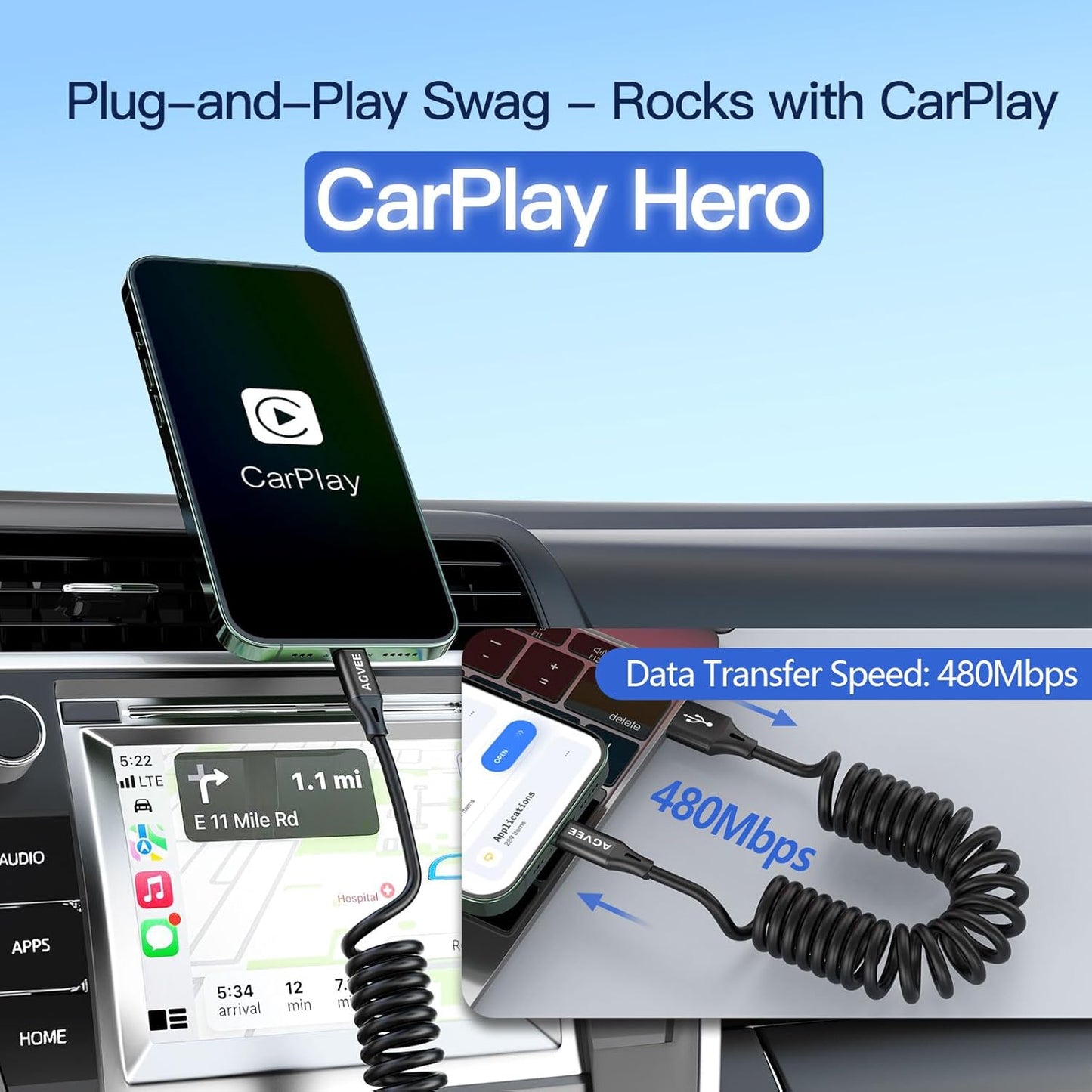 AGVEE 3ft Coiled Short USB to USB-C Charging Cable [USB-IF Certified] 3A Fast Charger Cord in Car for iPhone 16/15 CarPlay, Galaxy S25 S24 S23 S22 S21 S10 S9 S8, Google Pixel, Black