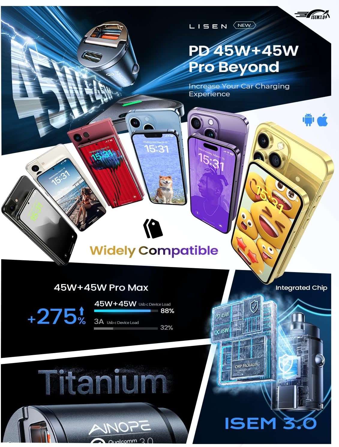 AINOPE 90W Super Fast Car Charger USB C,Invisible Cigarette Lighter Adapter，[Mini&Metal] Type C Car Charger Fast Charging Fit Samsung Galaxy S25 S24 Ultra Plus,iPhone 16 15 14 13 12 Pro Max Plus,Black