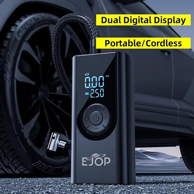 EJOP 150PSI Tire Inflator Portable Air Compressor, Air Pump for Car Tires with Digital Pressure Gauge, Cordless Pump for Car Motorcycle Bicycle Ball, LED Light, Auto Shut-Off,Dual Display,12V Adapter