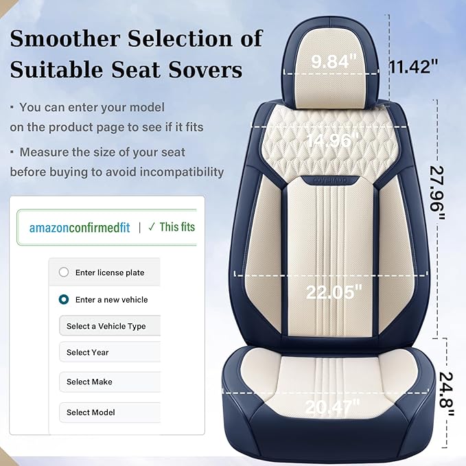 Coverado Front Seat Covers, Car Seat Covers Front Seats, Leather Seat Cover for Cars, Waterproof Seat Covers, Car Seat Protector, Driver Seat Cover Car Seat Cushion Universal for Most Cars, Blue&White