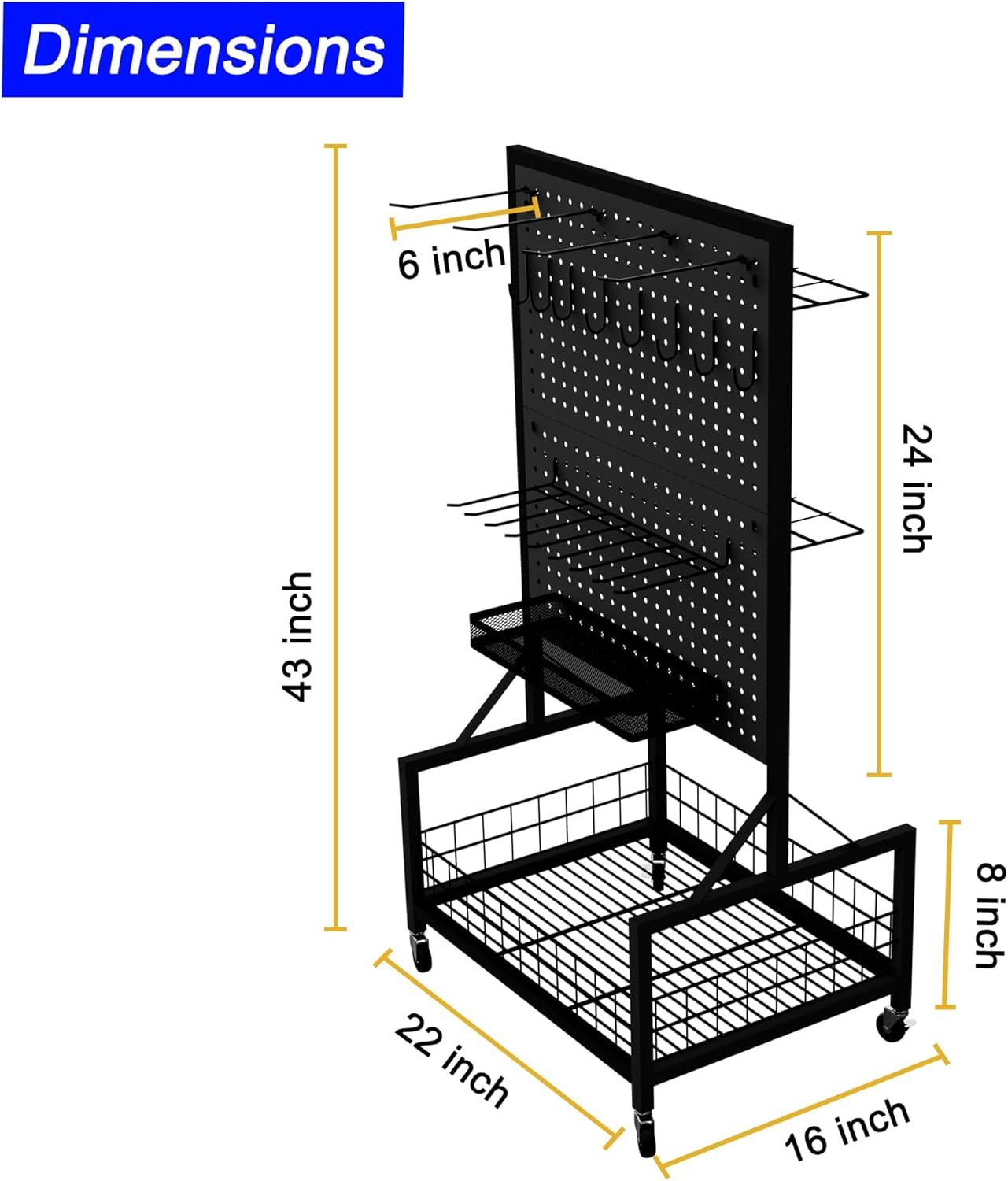All-in-One Garage Storage Cart with Locking Wheels – Heavy-Duty Tool Organizer with Rack, Pegboard & Hooks & Accessories – Ideal for Garage, Garden, Yard – Utility Cart with Versatile Storage
