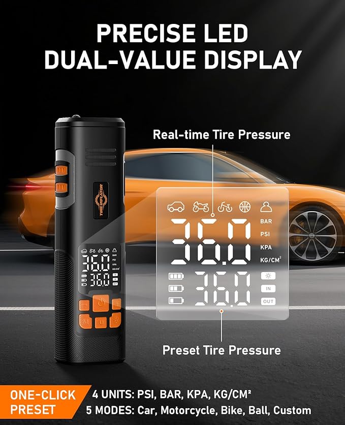 Tire Inflator Portable Air Compressor, 150PSI Air Pump for Car Tires, LED Light & Auto Shutoff, Cordless Electric Bike Tire Pump with Digital Pressure Gauge for Car, Motorcycle, Bicycle, Ball