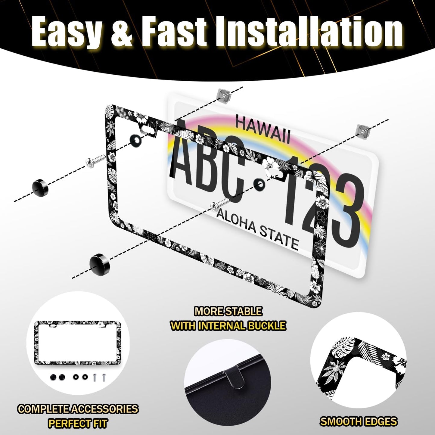 Tropical Flowers Leaves License Plate Frame Hawaiian Hibicus License Plate Holder Stainless Steel Front and Rear Car Tags Auto Parts Colorful License Plate Women Decoration with Screws 12.2" x 6.2"