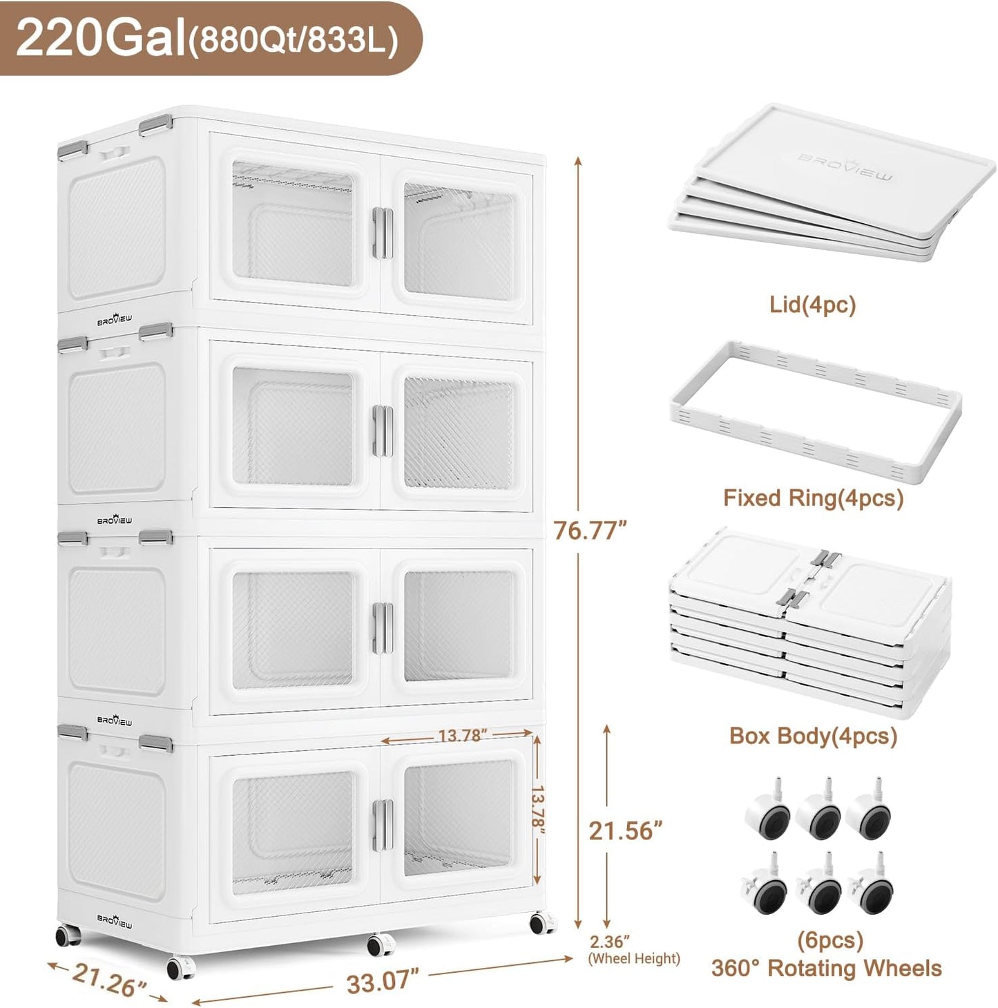 880 Qt Stackable Storage Bin with Lid, 220Gal Extra Large Collapsible Storage Boxes, Folding Plastic Drawer, Heavy-Duty Store Cabinet, Closet Organizer for Home Kitchen, 4 Pack White