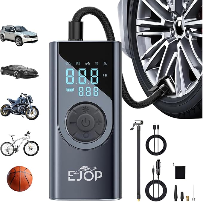 EJOP 150PSI Tire Inflator Portable Air Compressor, Air Pump for Car Tires with Digital Pressure Gauge, Cordless Pump for Car Motorcycle Bicycle Ball, LED Light, Auto Shut-Off,Dual Display,12V Adapter