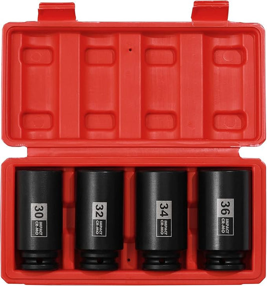 EMENTOL 4PCS 1/2" Drive Deep Impact Socket Set, CR-MO, 12 Point, Metric, Deep Spindle Axle Nut Impact Socket Set-30mm, 32mm, 34mm, 36mm