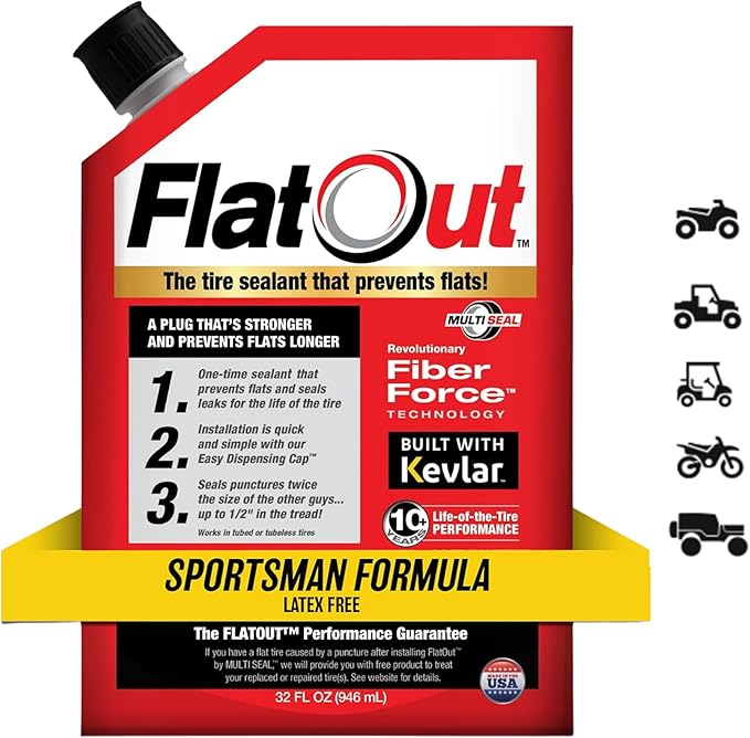 FlatOut Tire Sealant Sportsman Formula - Prevent Flat Tires, Seal Leaks, Contains Kevlar, 32-Ounce Bag, 1-Pack