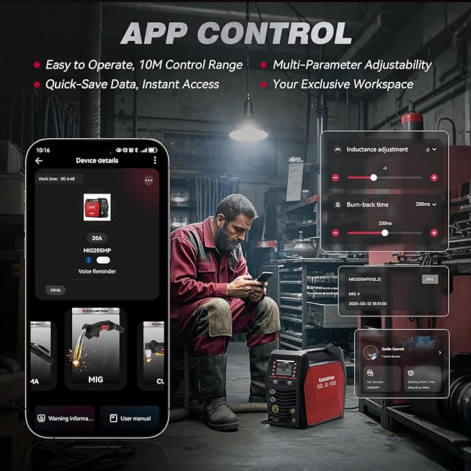 ARCCAPTAIN MIG205MP MIG Welder 9 IN 1 iControl APP Control Plasma Cutter/Pulsed MIG/Flux Core/Spool Gun/DC HF/Lift TIG/Clean/Stick Aluminum Welding Machine 120/240V Dual Voltage Multiprocess Welder
