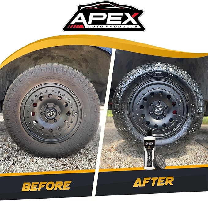 Apex Acrylic Tire Shine and Tire Shine Applicator - 16 oz Semi-Permanent - 6+ Months Durability - Easy to Apply - Fast Drying Car Tire Shine - No Sling - Glossy - Extreme Tire Dressing - Made in USA