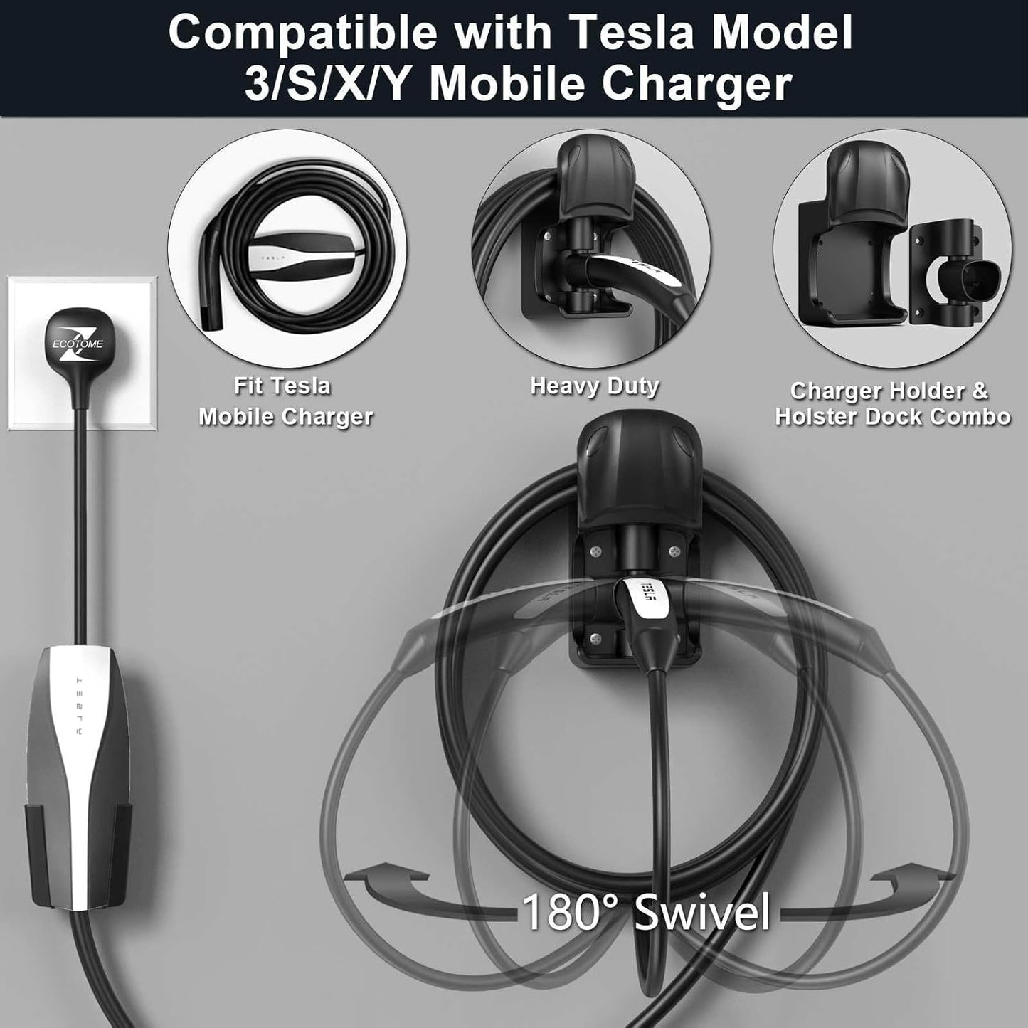 Tesla Charger Holder Wall Mount Tesla Charging Cable Organizer for Tesla Mobile Connector, Swivel NACS Holster