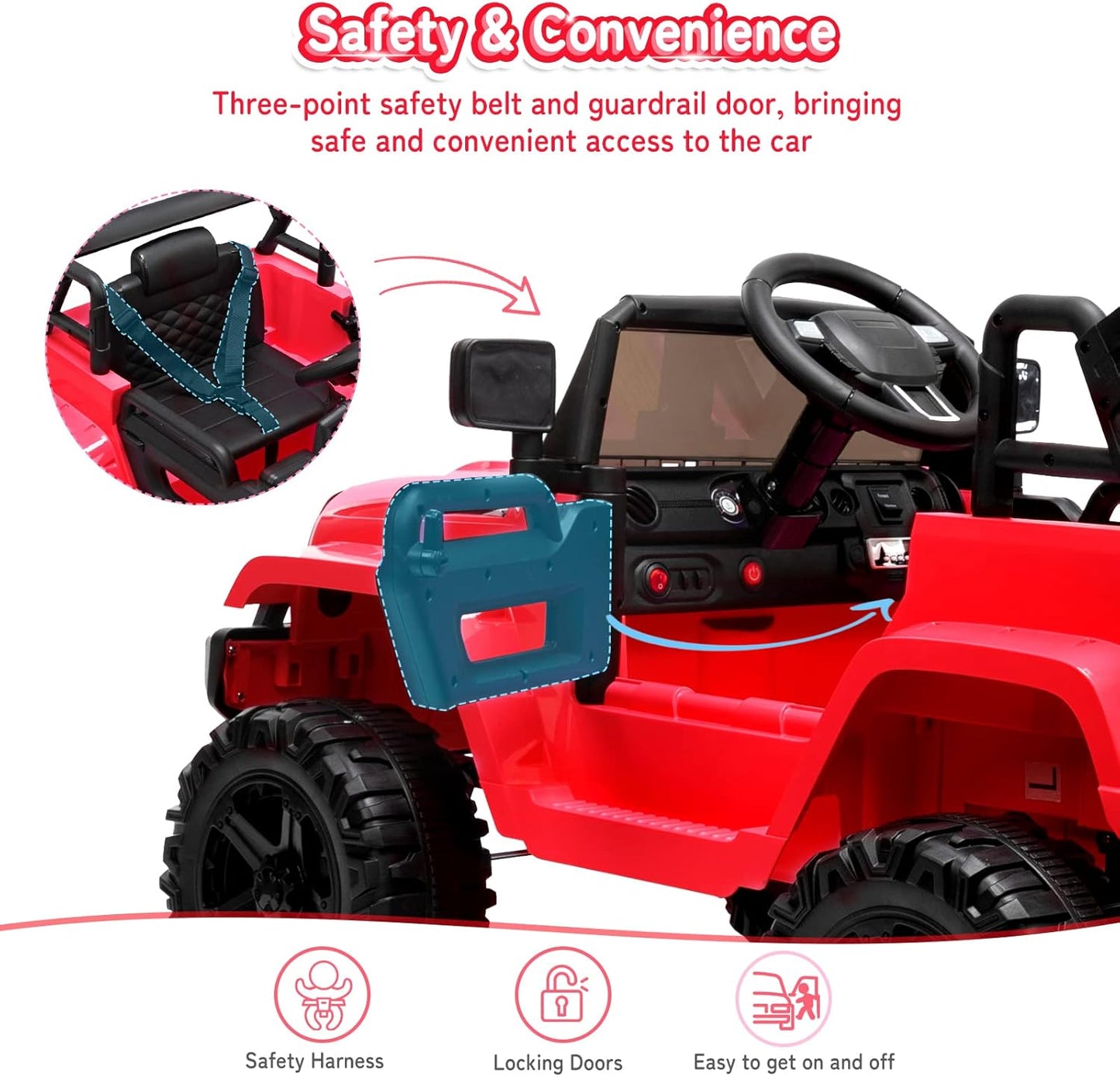 JOYMOR Ride on Truck with Remote Control, 4 Wheels 12V Battery Powered Kids Car, with LED Headlight/Horn Button/ MP3 Player/USB Port/Forward Backward/Kids Girl Boy (red)