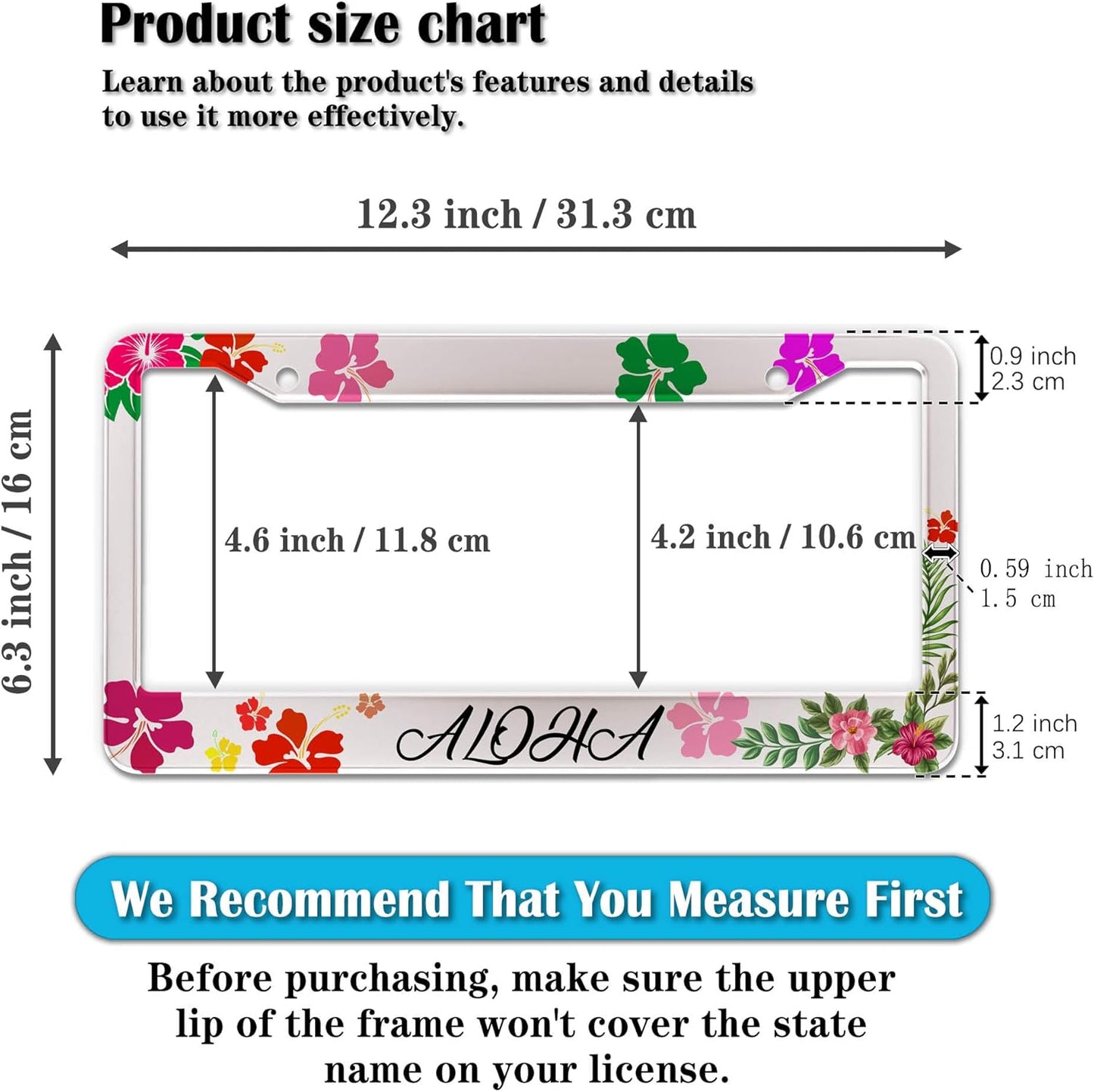 License Plate Frames License Plate Bracket for Women Aloha Hawaii Hibiscus Floral Flowers Colorful Universal Aluminum Car Accessory 2 Pack with Screw Covers Set