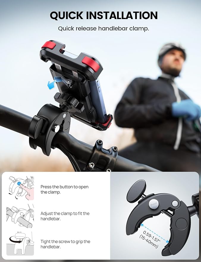 Lamicall Motorcycle Phone Mount, Bike Phone Holder - Upgrade Quick Install Handlebar Clip for Bicycle Scooter, Cell Phone Clamp for iPhone Air, 17 16 15 Pro Max, Galaxy, 4.7-6.8" Phones, Red