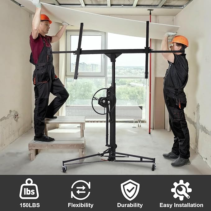 16FT Drywall Lift Sheetrock Lift, 150LBS Capacity, Drywall Lift Panel Hoist with Telescopic Arm, Drywall Jack Lift with 3 Lockable Wheels for Home Improvement Classic, 4'x16' Panel Size, Black