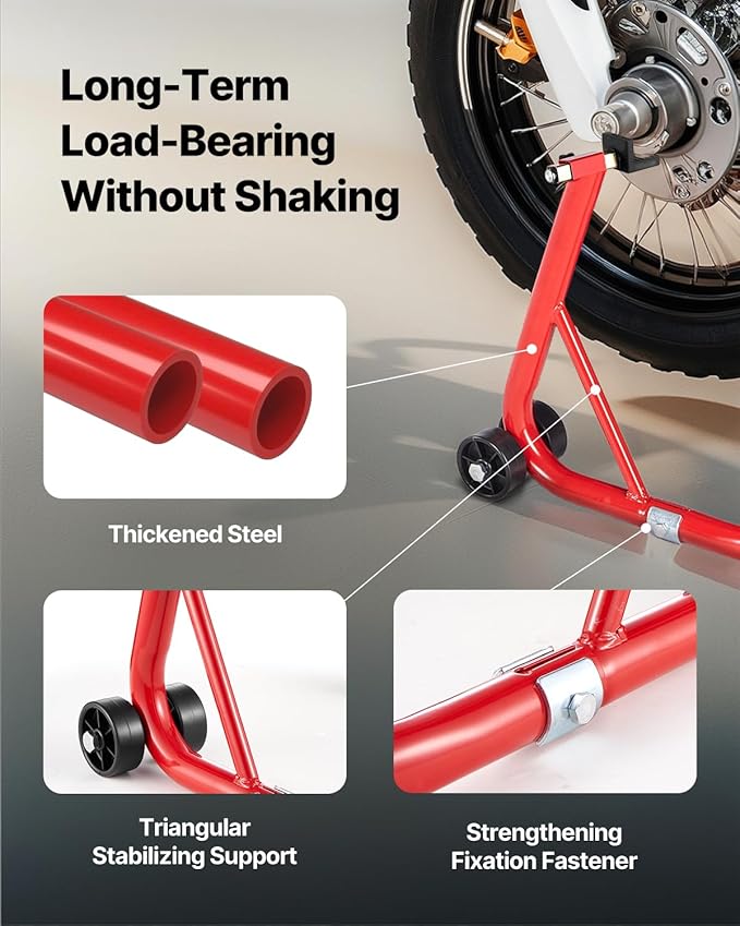 VEVOR Motorcycle Rear Wheel Stand, 850 LBS Load Capacity Heavy Duty Rear Wheel Stand with U + L Fork Swingarm Spool, Adjustabe Motorcycle Lift Jack Stand, for Suzuki Yamaha Honda Kawasaki, Red