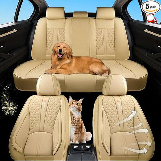 Beige Leather Car Seat Covers - Luxury Waterproof Car Seat Protectors with Lumbar Support, Non-Slip Base, Airbag Compatibility, Easy Installation and Cleaning