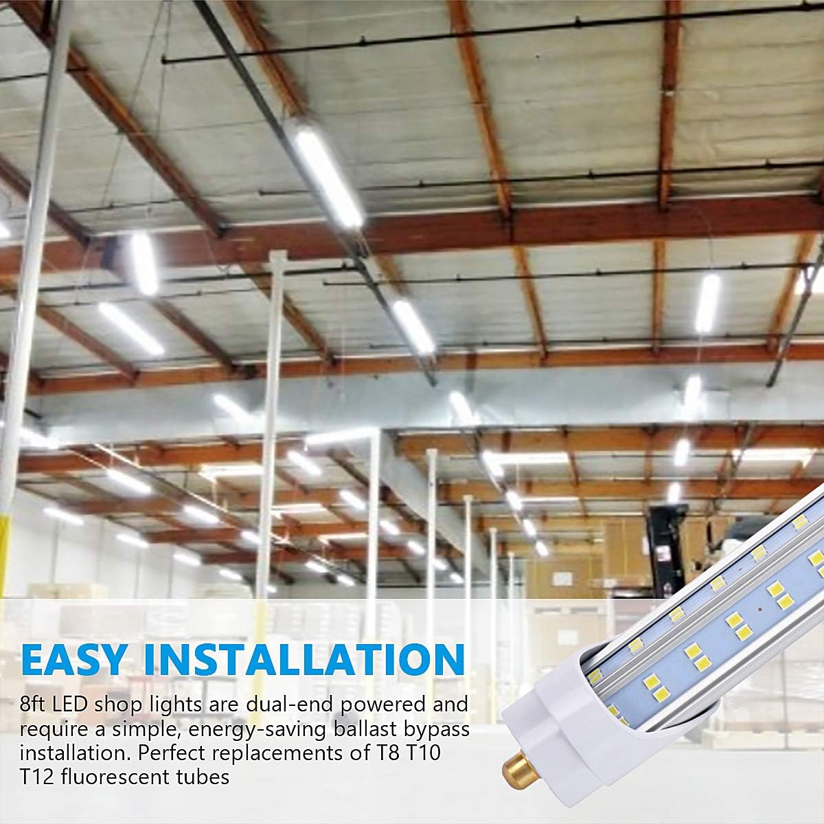 20/Pack LED Light Tubes -144W 6000K 18800 Lumens,Single Pin Fa8 Base,T8 T10 T12 LED Fluorescent Bulbs Replacement, Double Sided Four Row 768pcs,V Shape, Dual-Ended Power, Ballast Bypass