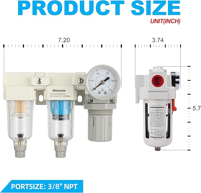 1/4" NPT Three Stage Air Drying System - 0.01 Micron Particulate Filter Air Pressure Regulator Combo - 0-125psi Gauge, Semi-Auto Drain, Metal Bracket