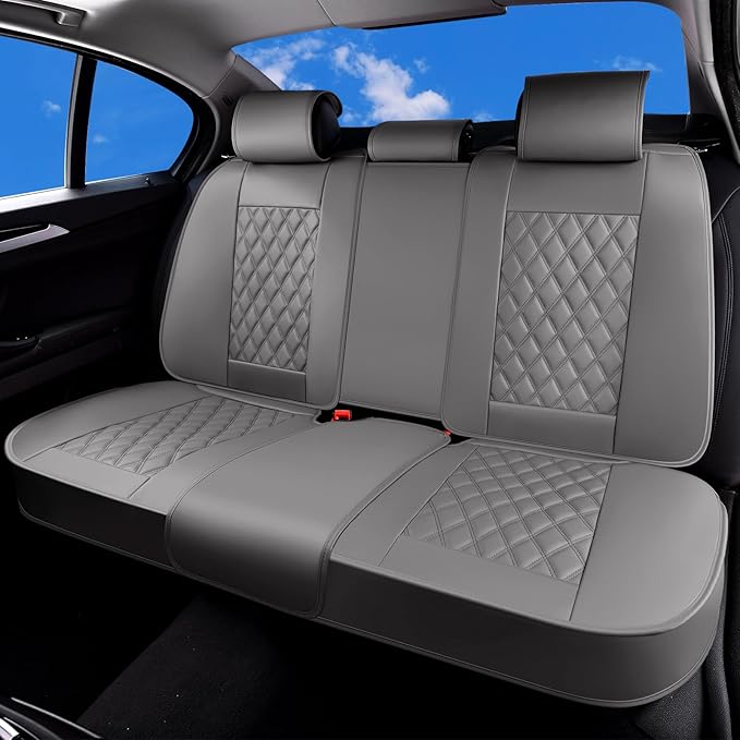 Huidasource Gray Back Seat Cover, Rear Split Bench Leather Rear Seat Cover, Adjustable Back Seat Car Cover with Non-Slip, Universal Fit for Most Cars Sedan SUV Pickup Truck (Back Row/Gray)