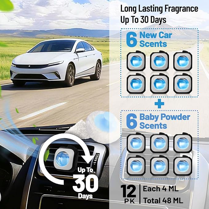 STRN Car Air Freshener, 6 New Car, 6 Baby Powder Scents, Car Air Freshener Vent Clips 12 Variety Packs, Long Lasting Air Fresheners Car Accessories Fragrance, Up to 360 Days