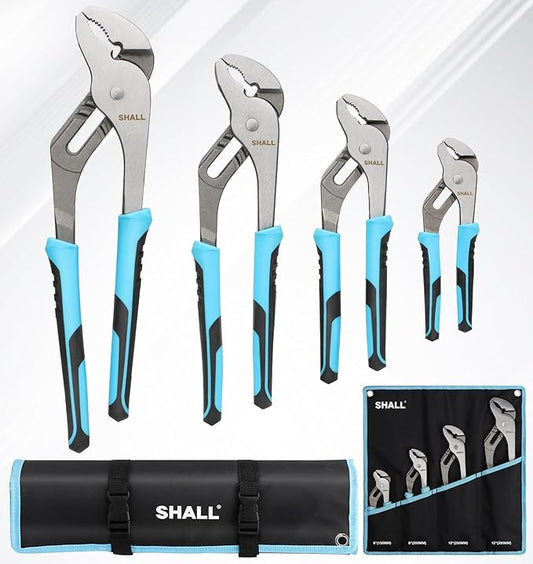 SHALL 4-Piece Groove Joint Pliers Set, 12/10/8/6 Inch Adjustable Water Pump Pliers with Cushion grip, Tongue and Groove Pliers w/Tool Roll Bag for Home Repair, Plumbing, Gripping, Nuts, Bolts