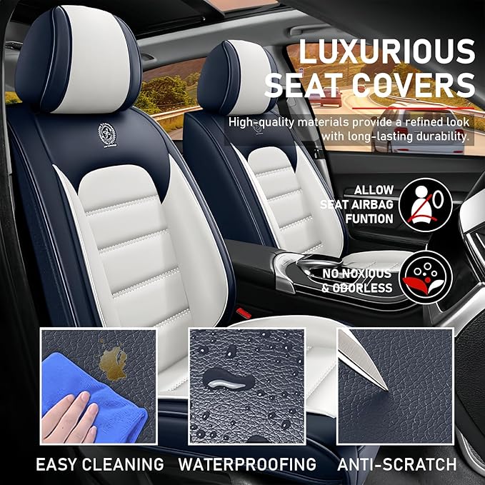 Car Seat Covers Fit for Toyota Highlander 2000-2025 | 7 Seat Car Seat Cover | No-Slip Waterproof Breathable Faux Leather Automotive Seat Covers Auto Interior Covers Blue White,Full Set