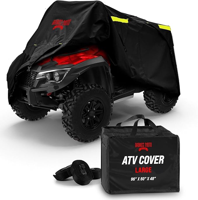 Badass Moto ATV Covers Waterproof Outdoor Heavy Duty, Rip-Resistant, Night-Reflective Quad Cover, 4 Wheeler Cover, Easy-Access Zipper & Vents Four Wheeler Accessories - ATV Gifts, Large 95 Long