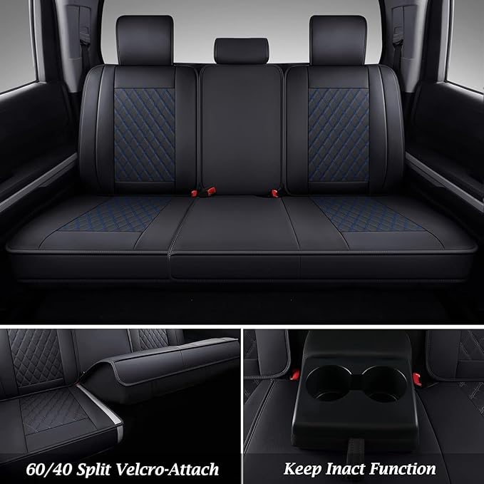 Coverado Tundra Seat Covers, Back Leather Car Seat Covers for Trucks, Automotive Seat Covers Protector Custom Fit 2007-2021 Toyota Tundra(Rear Seat Cover/Blue)
