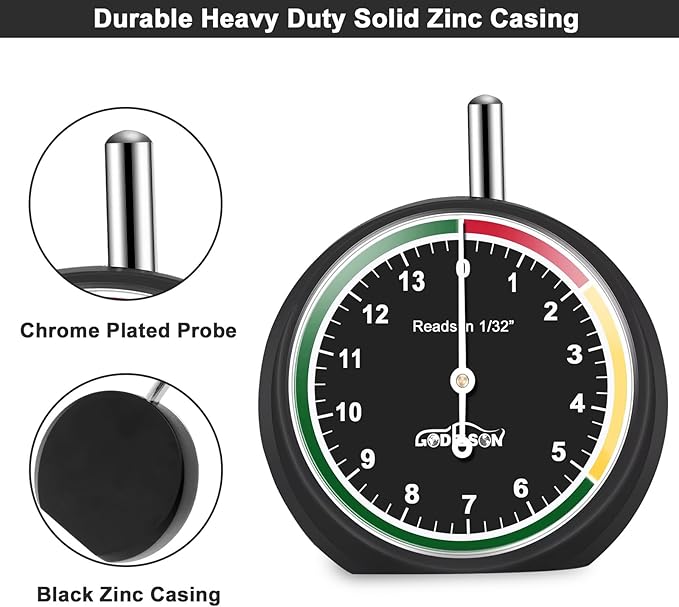 GODESON Tire Tread Depth Gauge,Dial Type Tire Depth Gauge in 32nds,Color-Coded and Easy Reading Tread Depth Gauge Professional for Motorcycle, Car,Truck and Bus,Black Paint Casing