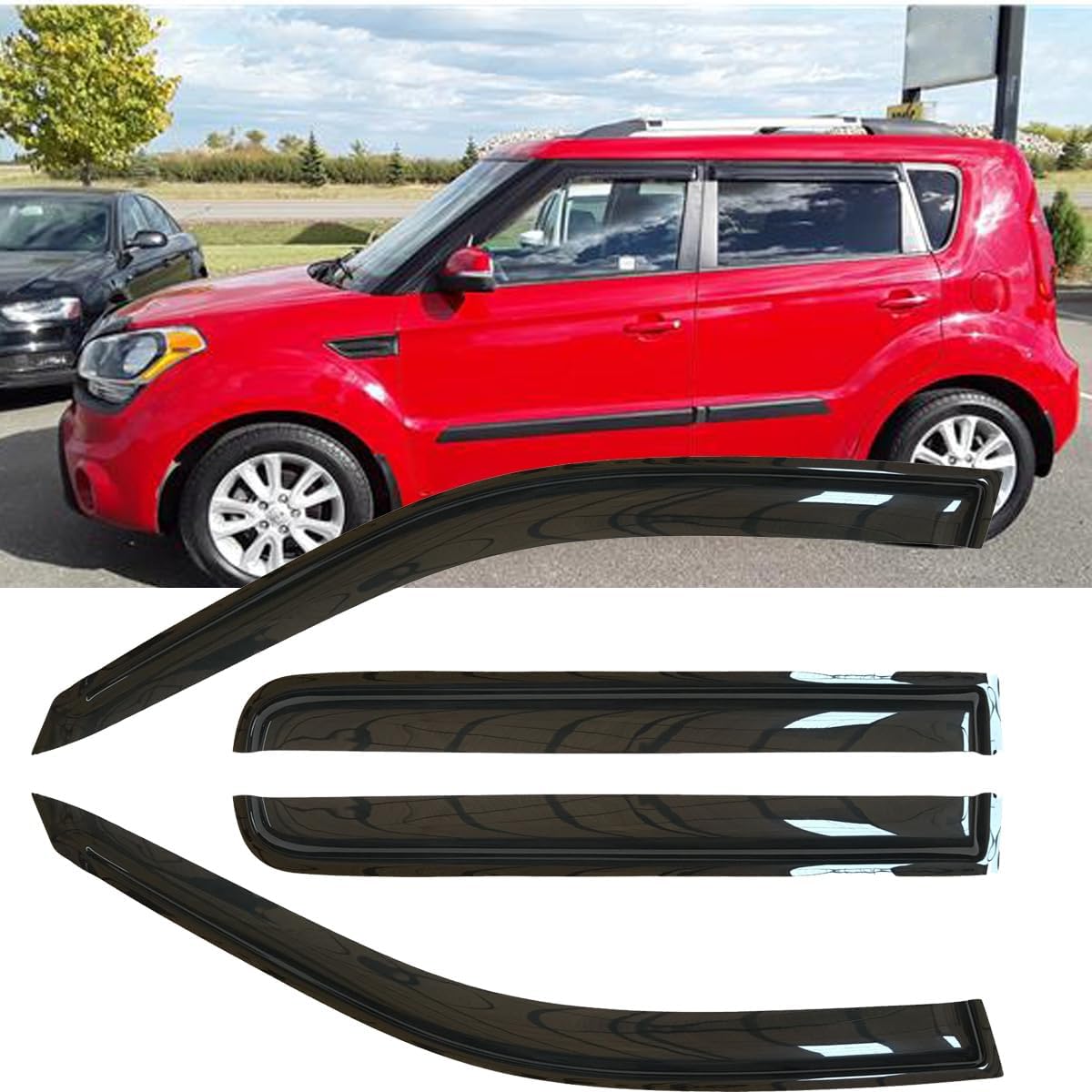 4pcs Outside Mount Style Sun Rain Guard Durable Side Window Wind Deflectors Dark Smoke Vent Window Visors Compatible with 2009-2013 Kia Soul