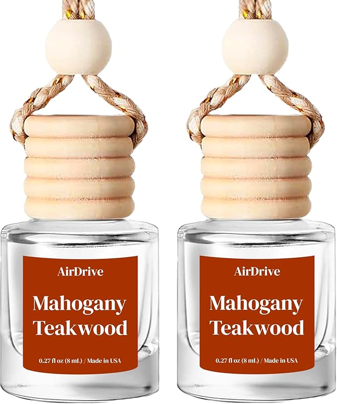 Car Air Freshener Mahogany Teakwood 2 Pack – Woody Aroma Diffuser, Long-Lasting Mahogany & Teakwood Hanging Oil Diffuser with Wooden Cap, Non-Toxic Car Air Freshener, Made in USA