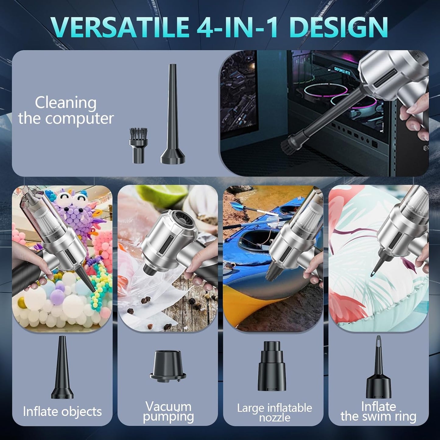 Portable Cordless Foldable 20000PA High Power Mini Vacuum Cleaner, 4-in-1 Compressed Duster & Air Blower & Pump, Hand Held Vacuum, Brushless Motor, for Car, Home, Office, Pet, Camping