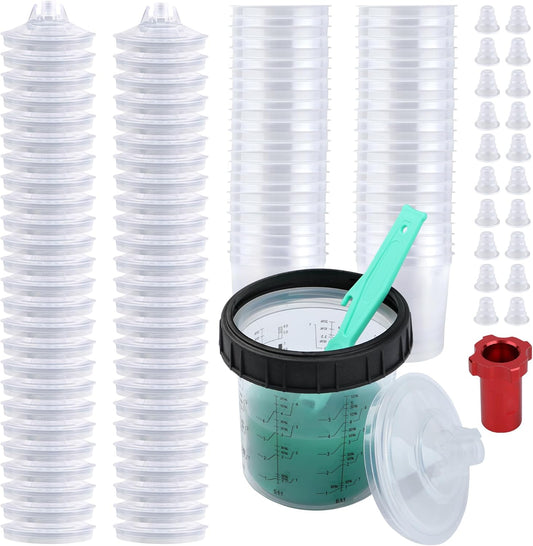 Disposable Paint Spray Gun Cups for Automotive Paint Gun, Paint Mixing Cups 20 Ounce-50 Pack Paint Cups with Lids,1 Hard Cup with Retainer Ring, 1 Cup Adapter, 20 Plugs with 1 Paint Stirrer