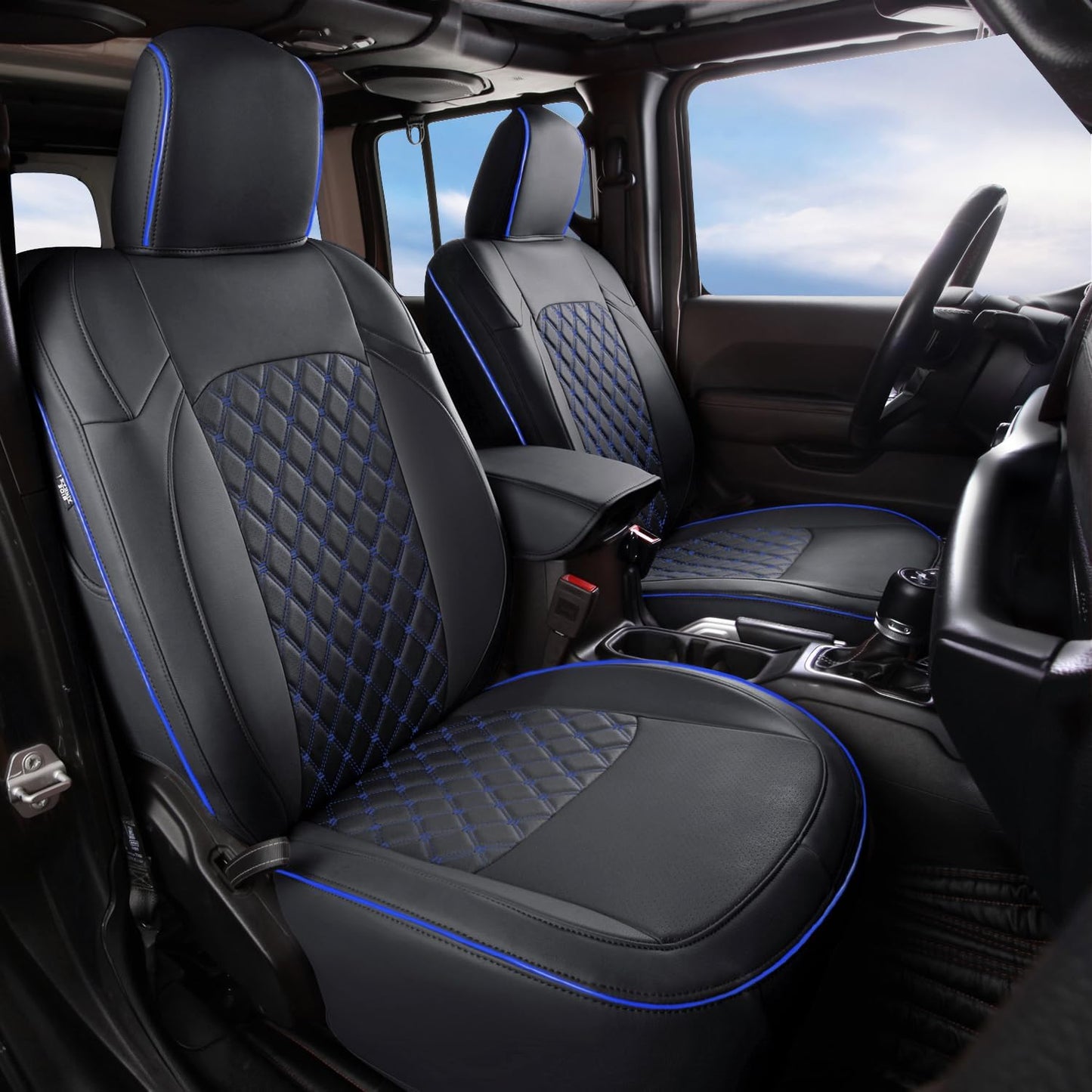 GIANT PANDA Fit Full Set Car Seat Covers for Jeep Wrangler 4 Door JL Sahara Sport Rubicon Unlimited Willys 2018 2019 2020 2021 2022 2023 2024 2025 Without Rear Cup Holder,Faux Leather - (Black+Blue)