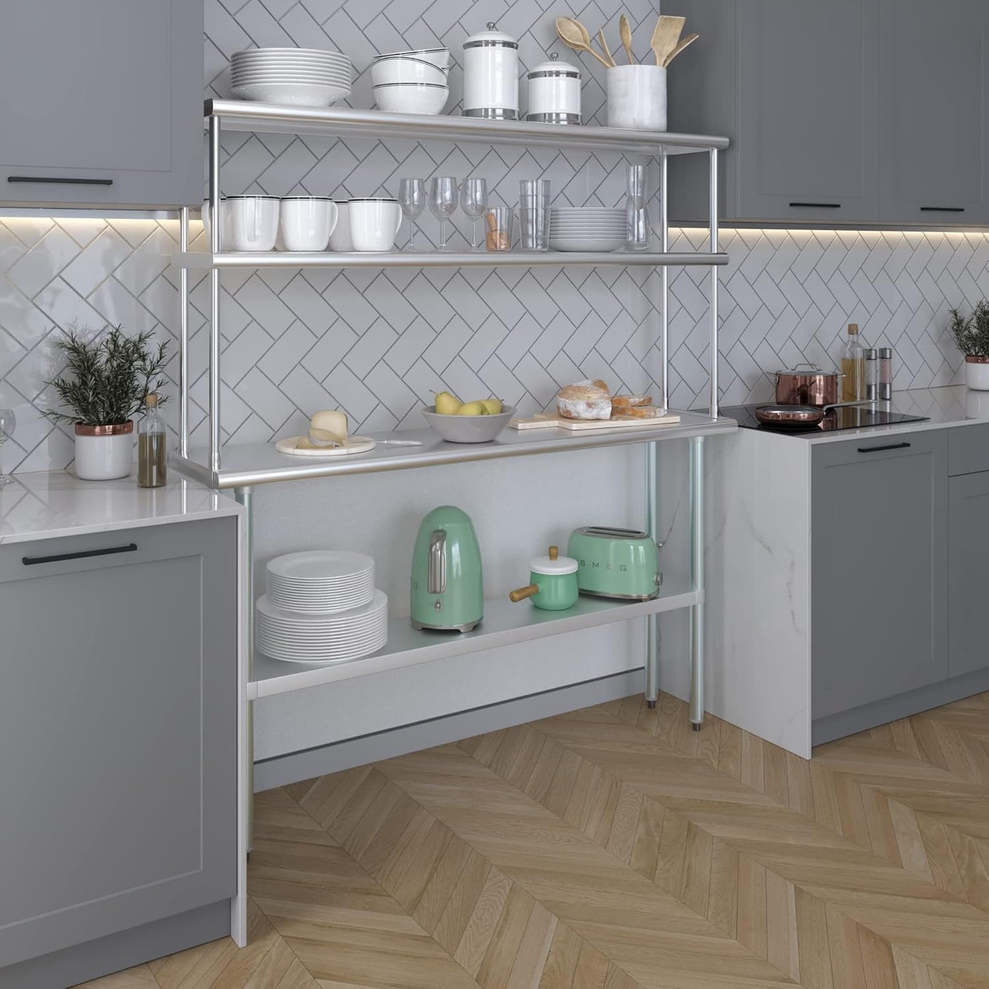 Amgood Stainless Steel Work Table Wide Double Tier Overshelf | NSF | Metal Kitchen Prep Table & Shelving Combo (14" x 60" Work Table + 12" Overshelf)