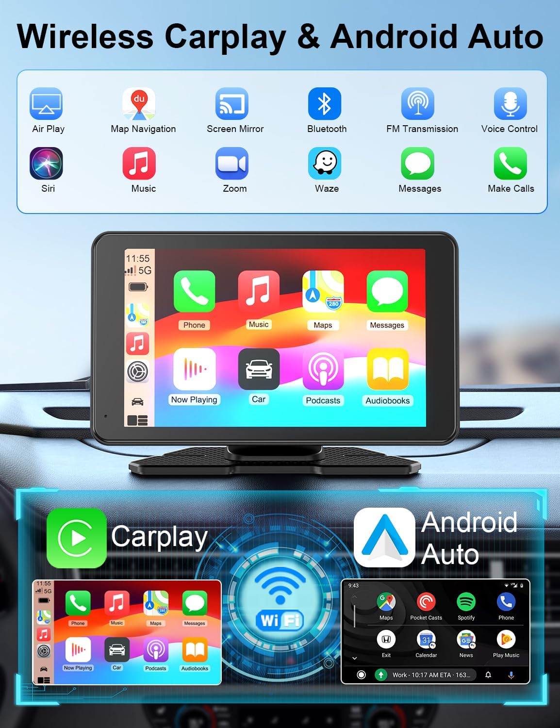 Apple Carplay Screen for Car, 7" HD Portable Car Stereo Touch Screen with Wireless Android Auto, Backup Camera with LED/Mirror Link/Voice Control/Bluetooth/GPS/AUX/FM Satellite Radio for All Vehicles